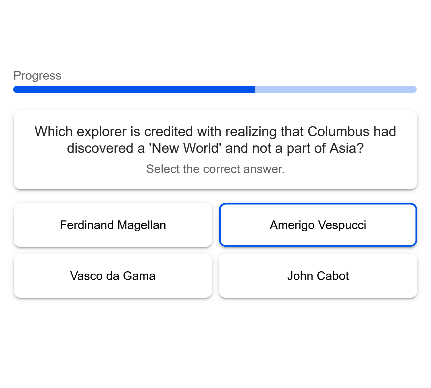 One choice quiz screenshot