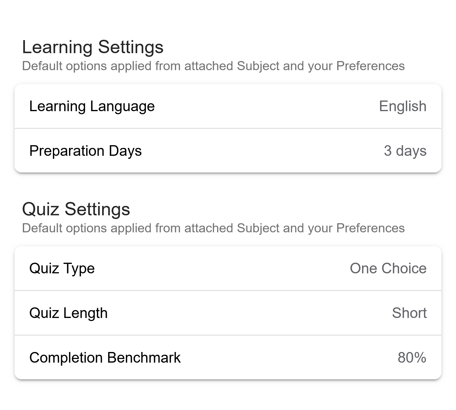 Quiz settings screenshot