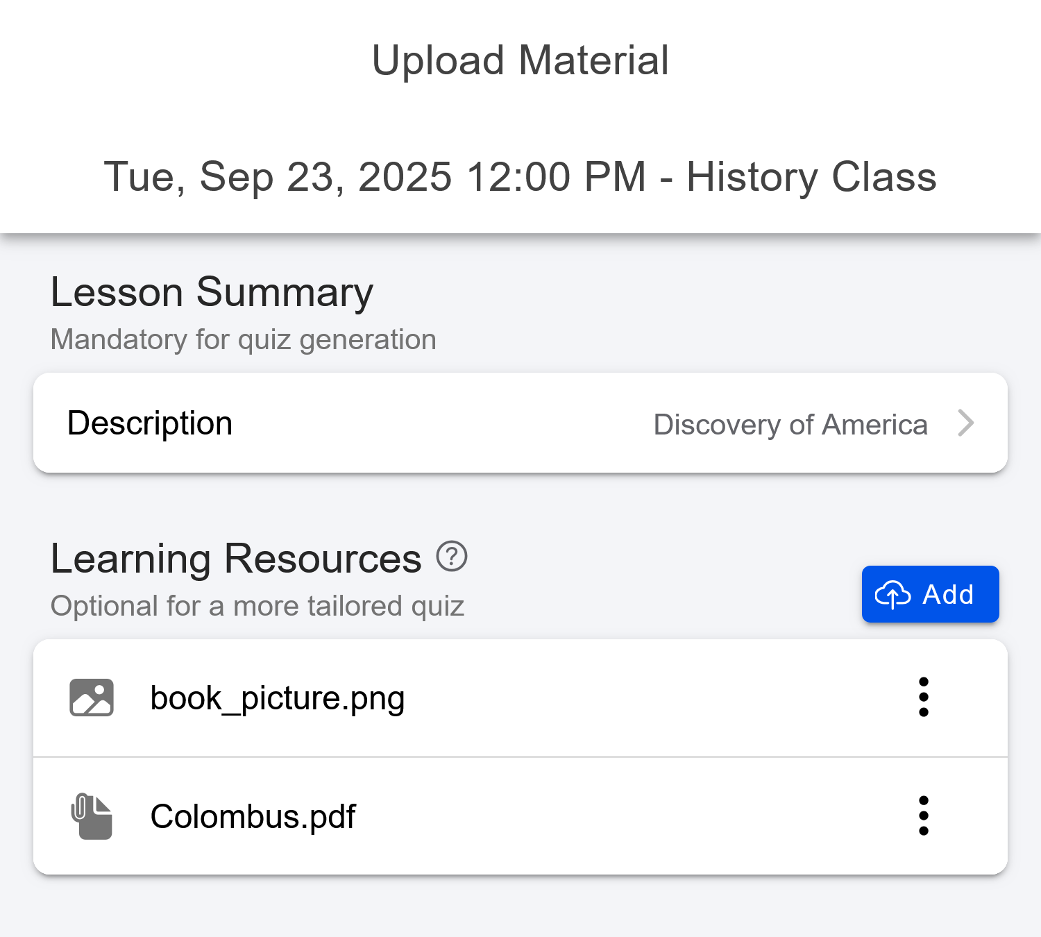 Upload materials screenshot